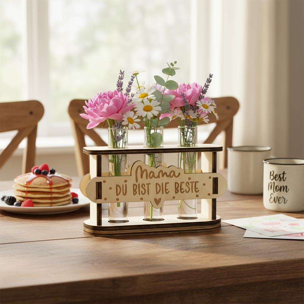 Thumbnail 5 de Geschenke für Mama: Holz-Reagenzglas-Vase mit Lichterkette – Blumenständer für Muttertag & Geburtstag