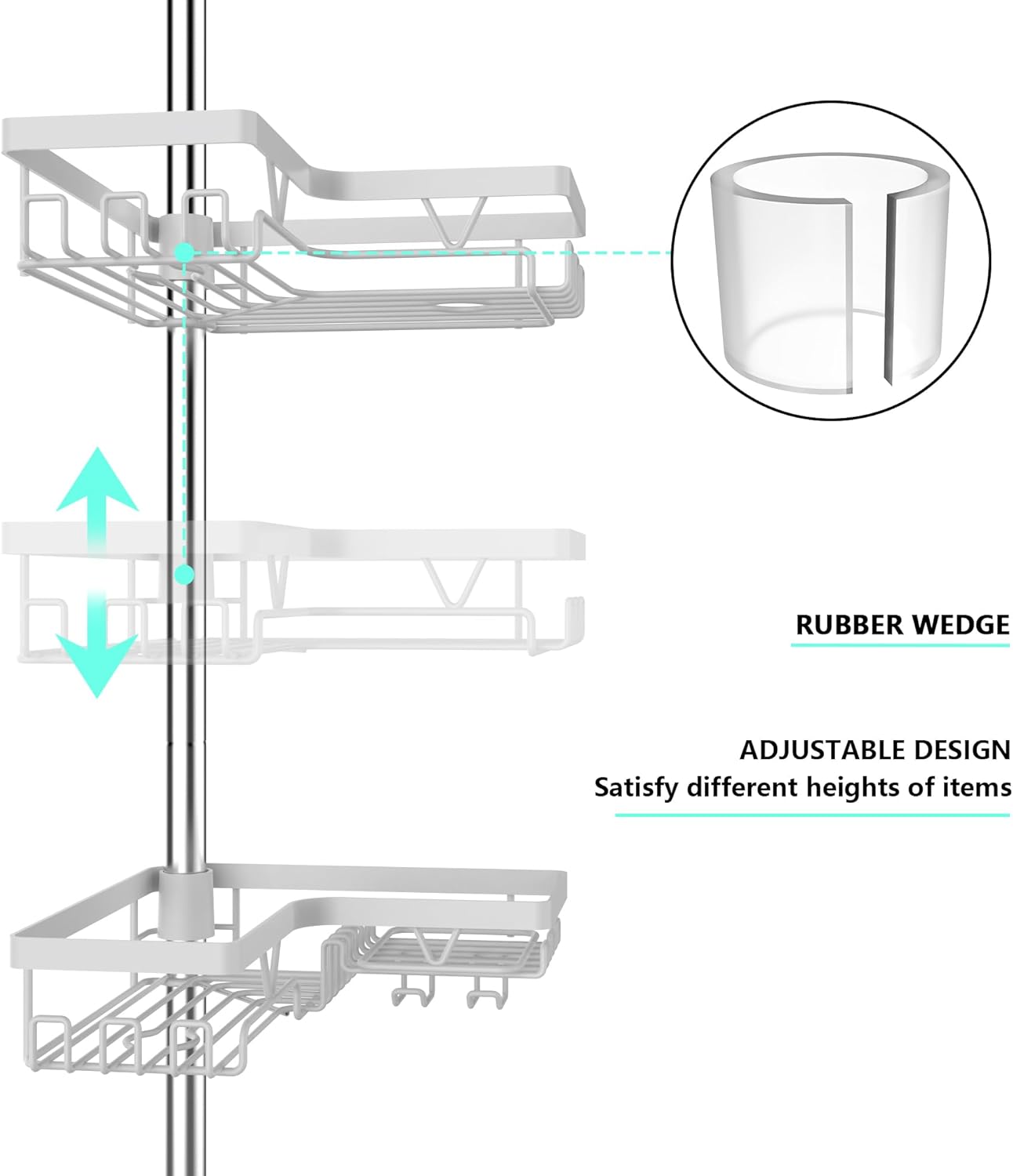 Thumbnail 2 de KEGII Telescopic Corner Shower Caddy (Stainless Steel) with Soap Holder, Hooks and No-Drill Tension Rod Shelf