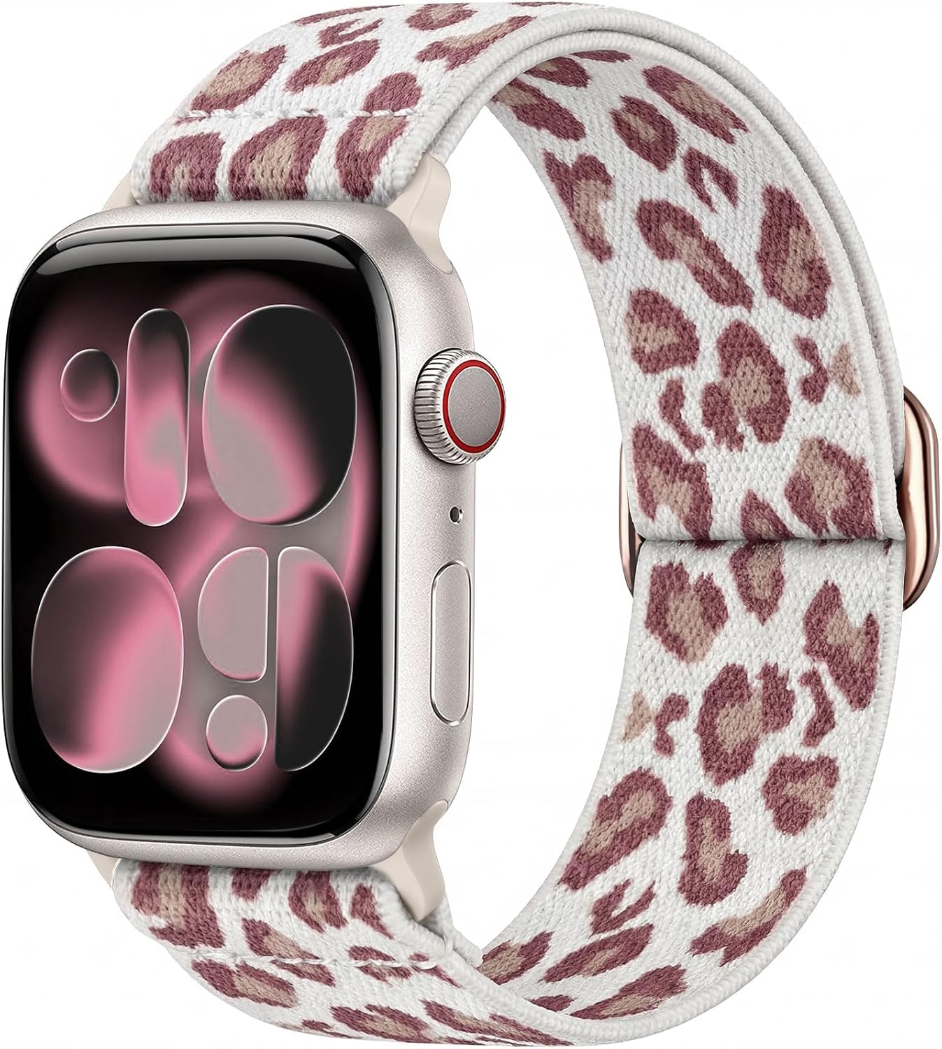Detalle de Ynitec Leopard Print Elastic Apple Watch Strap – 38/40/41/42mm, Stretchy Nylon Band for Wrist, Arm or Ankle (Pink Leo)