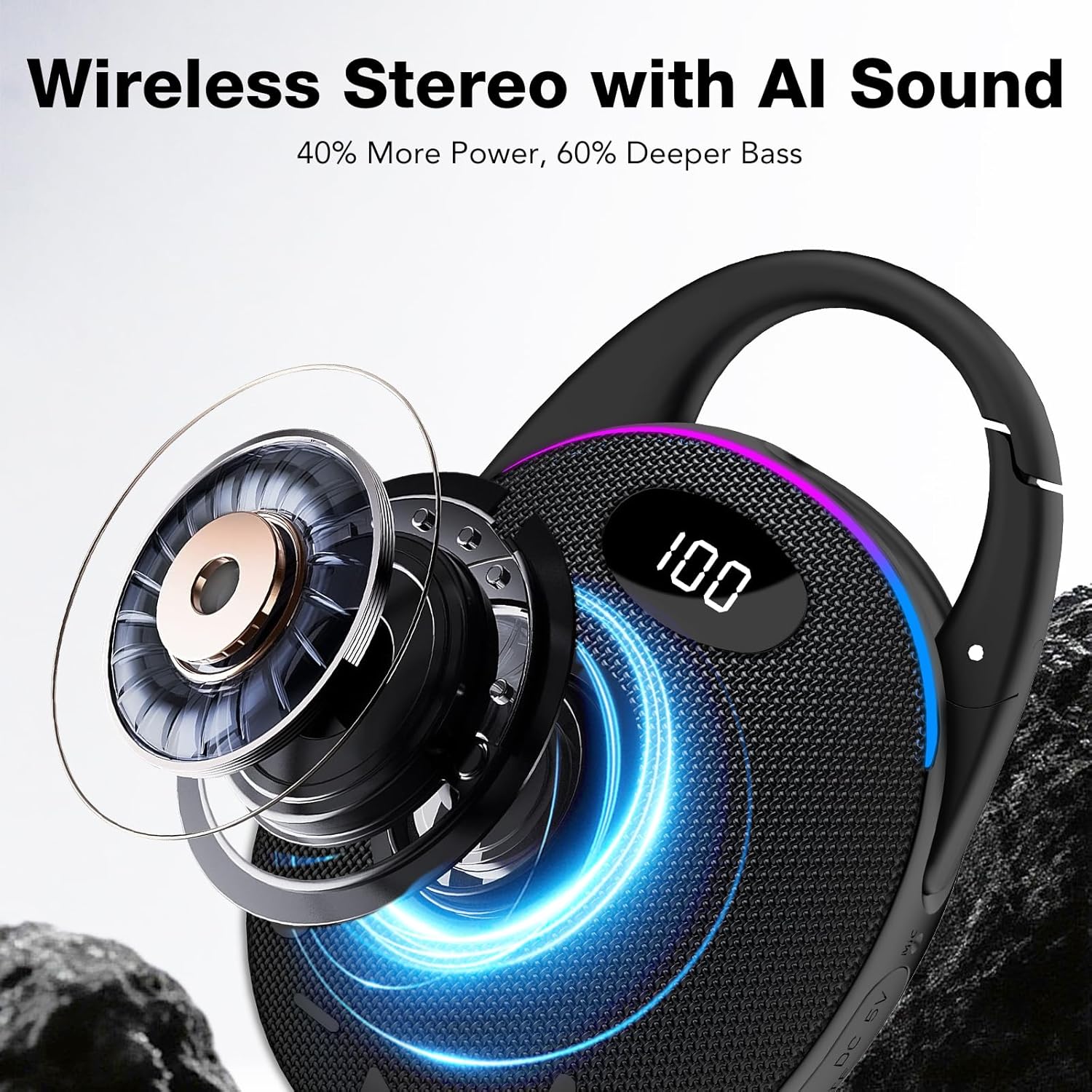 Thumbnail 1 de Portable Bluetooth Speaker Mini for Outdoor Use with HD Sound, LED Battery Display, Carabiner, 25H Playtime & TWS