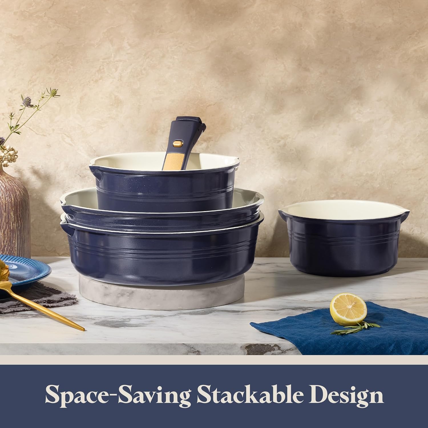 Detalle de CAROTE 22-Piece Titanium Cookware Set with Detachable Handle (Blue)