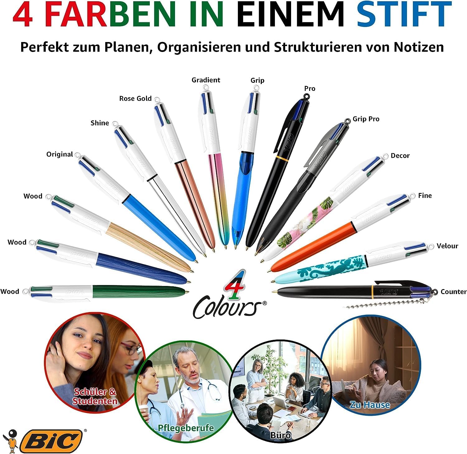 Thumbnail 4 de BIC 4 Farben Family Pack – Vier-Tinten-Kugelschreiber im 4er-Set (2 Mini, 2 Original)