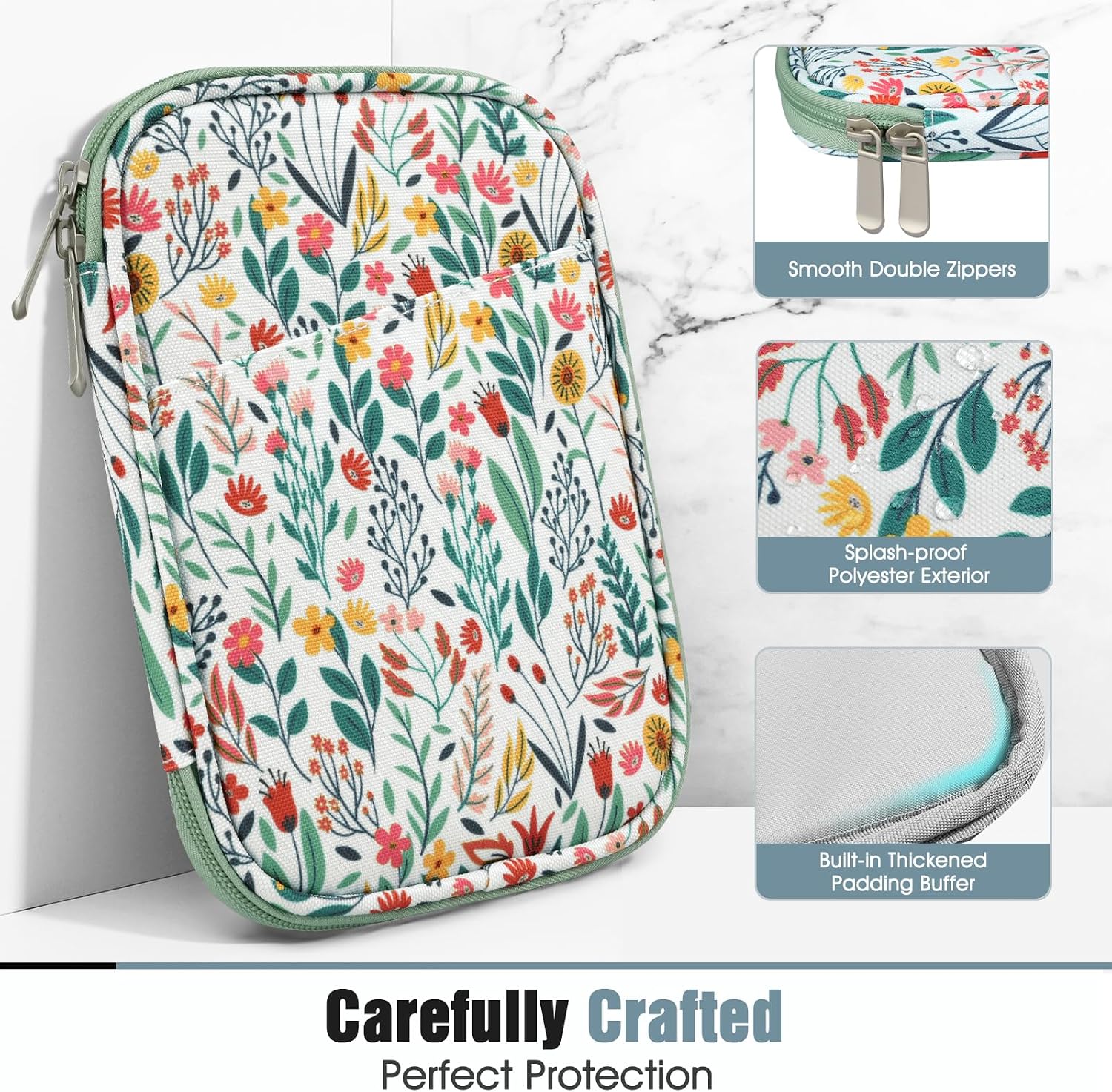 Detalle de TiMOVO 6-7 Inch Tablet Sleeve for eReader (Flowers) – Durable Polyester Protective Case with Multiple Pockets