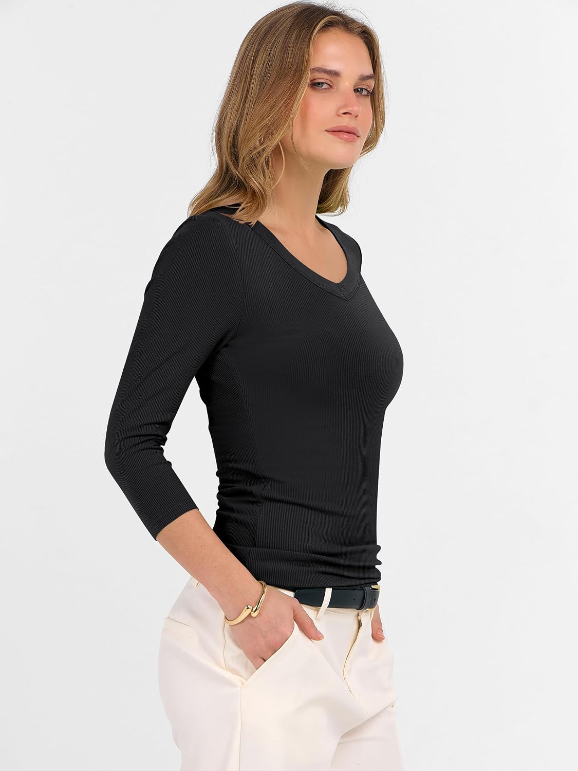Thumbnail 3 de ANRABESS Women's 3/4 Sleeve Ribbed Knit Top with V-Neck — Slim Fit, Soft Medium Stretch