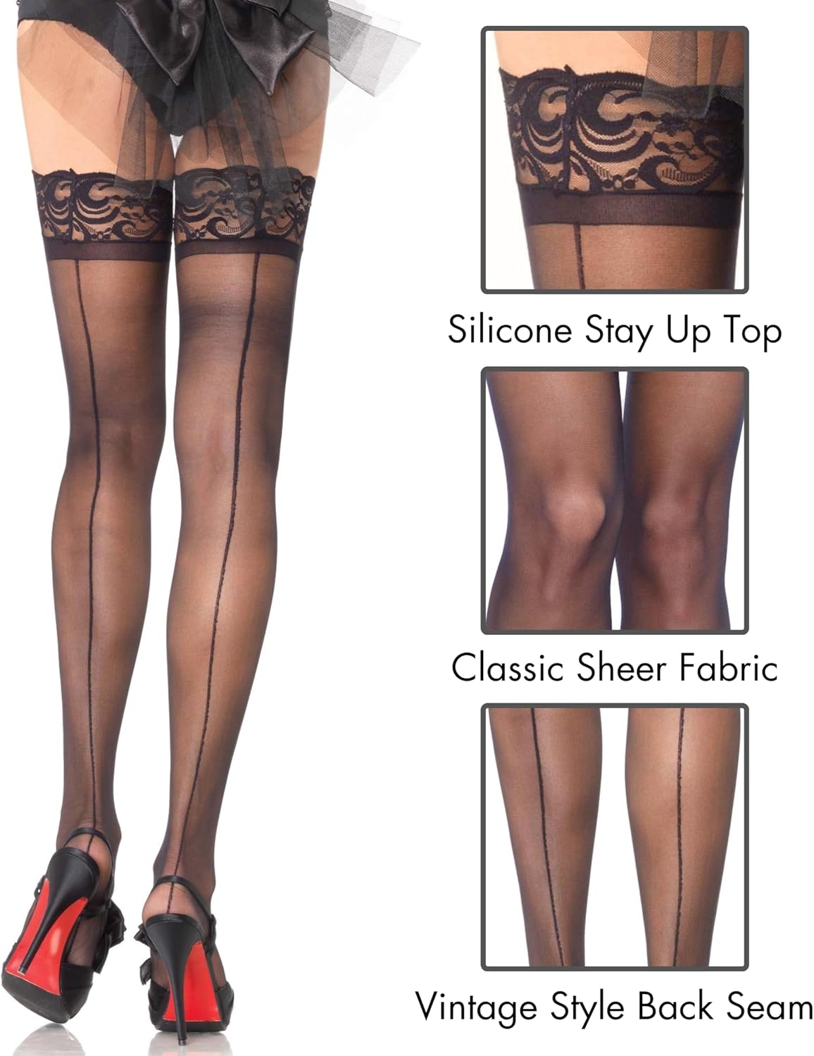 Detalle de Leg Avenue 1042 stay-up-strumpor med söm bak, skir look, svarta