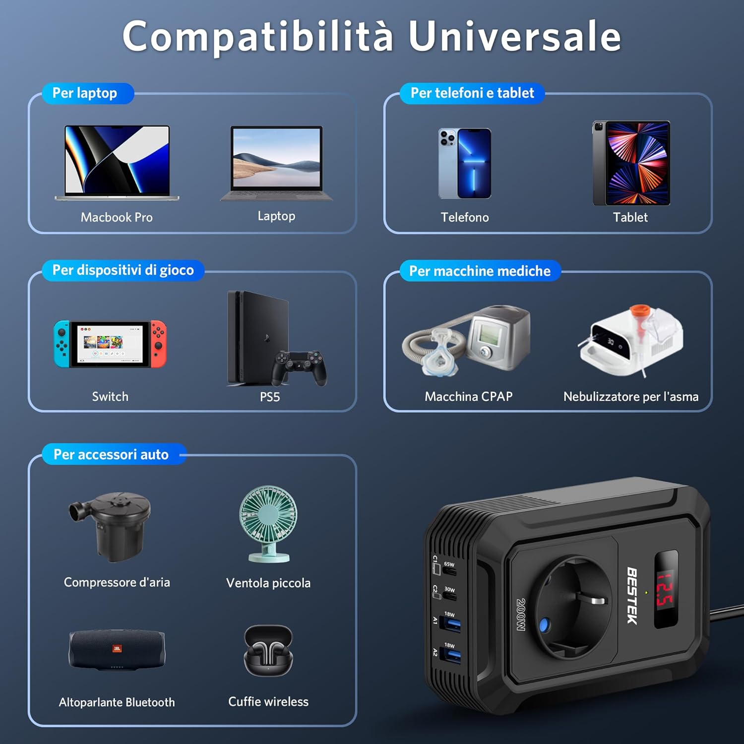 Thumbnail 4 de BESTEK 200W Inverter 12V onda pura per camper/barca 🔌