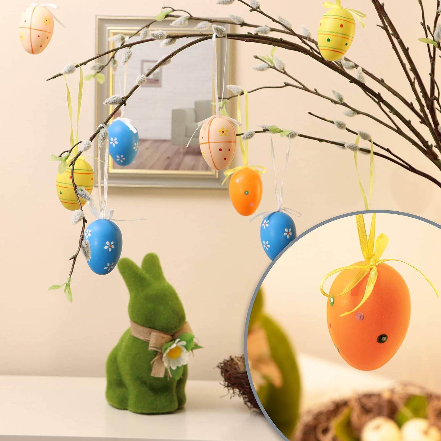 Thumbnail 2 de COM-FOUR® 24 Oeufs de Pâques Peints à la Main à Suspendre – Décorations colorées pour l’intérieur et l’extérieur