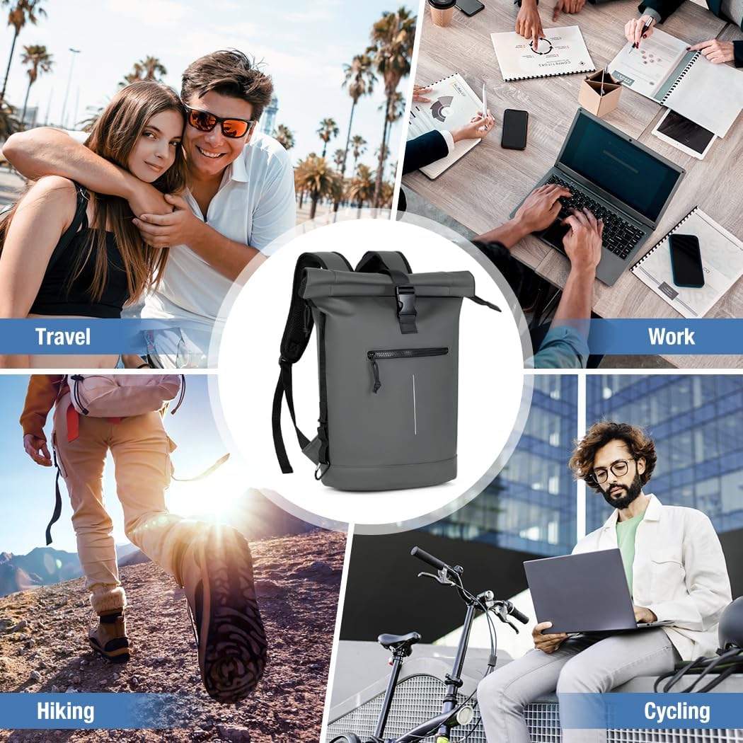 Thumbnail 6 de Lekeinchi 17-Inch Waterproof Roll-Top Laptop Backpack (Grey) – expandable, for school, work and travel