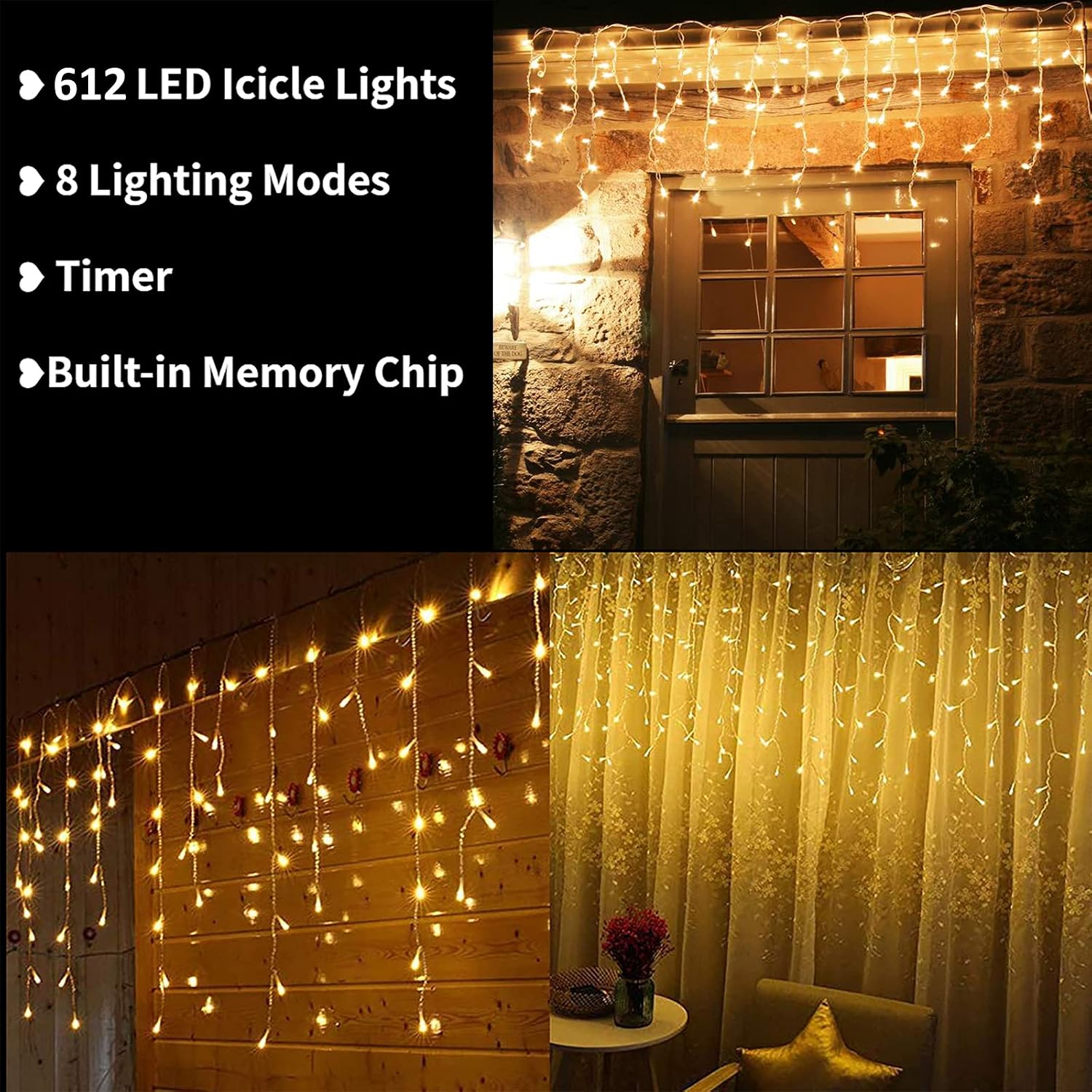 Detalle de Toodour LED08230612 Icicle Lights, 612 LEDs, 50 ft, 8 Modes, Warm White