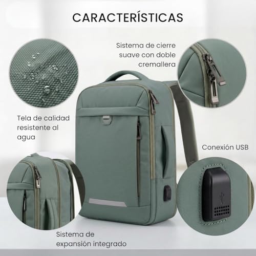 Thumbnail 2 de EDIESI Mochila de cabina 40x30x20 expandible con USB – verde oliva, para portátil 15,6