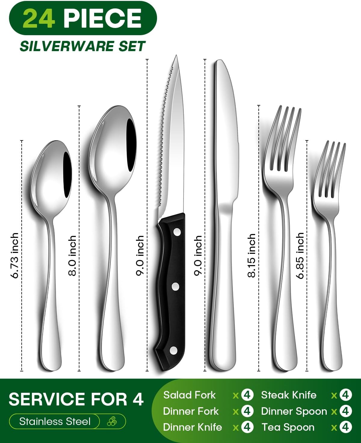 Detalle 2 de PHILIPALA 24-Piece Stainless Steel Flatware Set with Steak Knives
