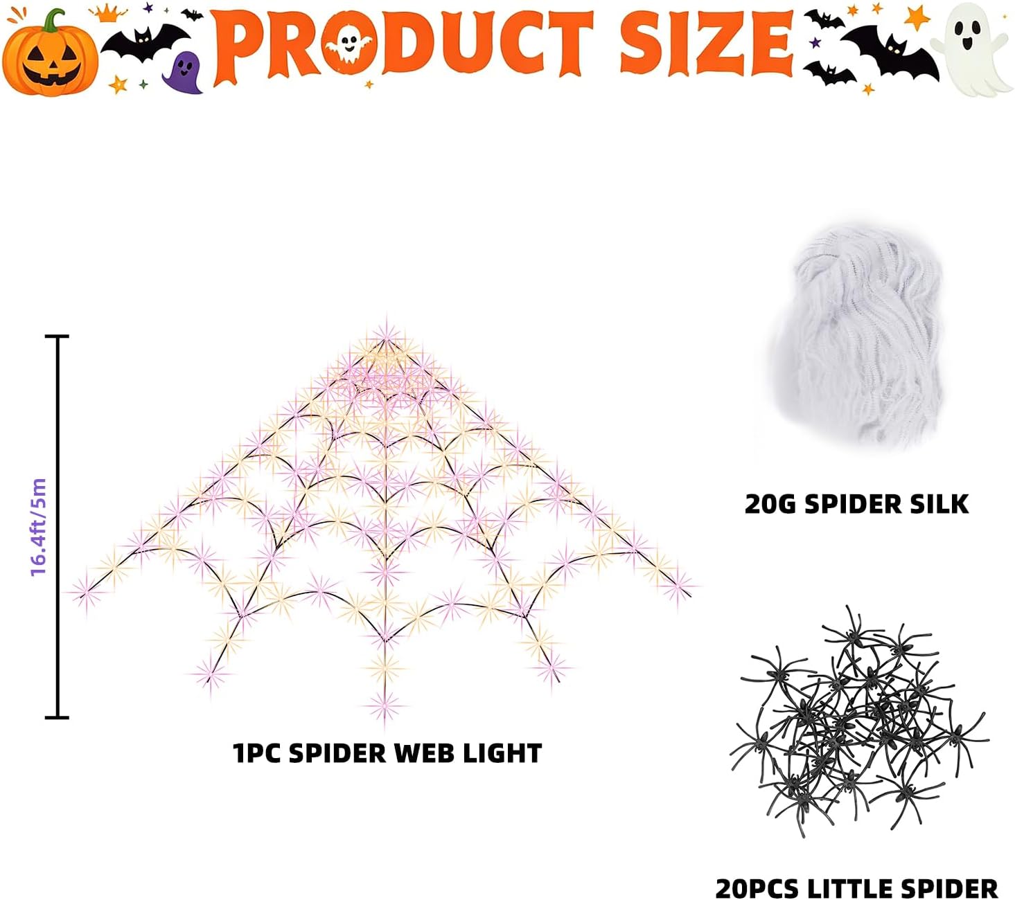 Detalle de AURORAKI SWL-Z04-455-pur-ora Light-Up Spider Web, 16.4-Foot LED Decor