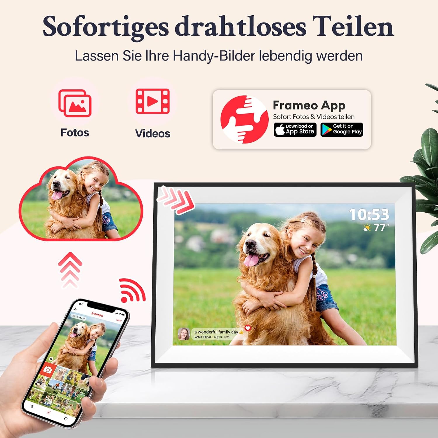 Detalle 2 de Frameo Digitaler Bilderrahmen WLAN 10,1 Zoll – 32 GB, 1280x800 IPS Touchscreen, automatische Drehung, Wandmontage, App-Sharing