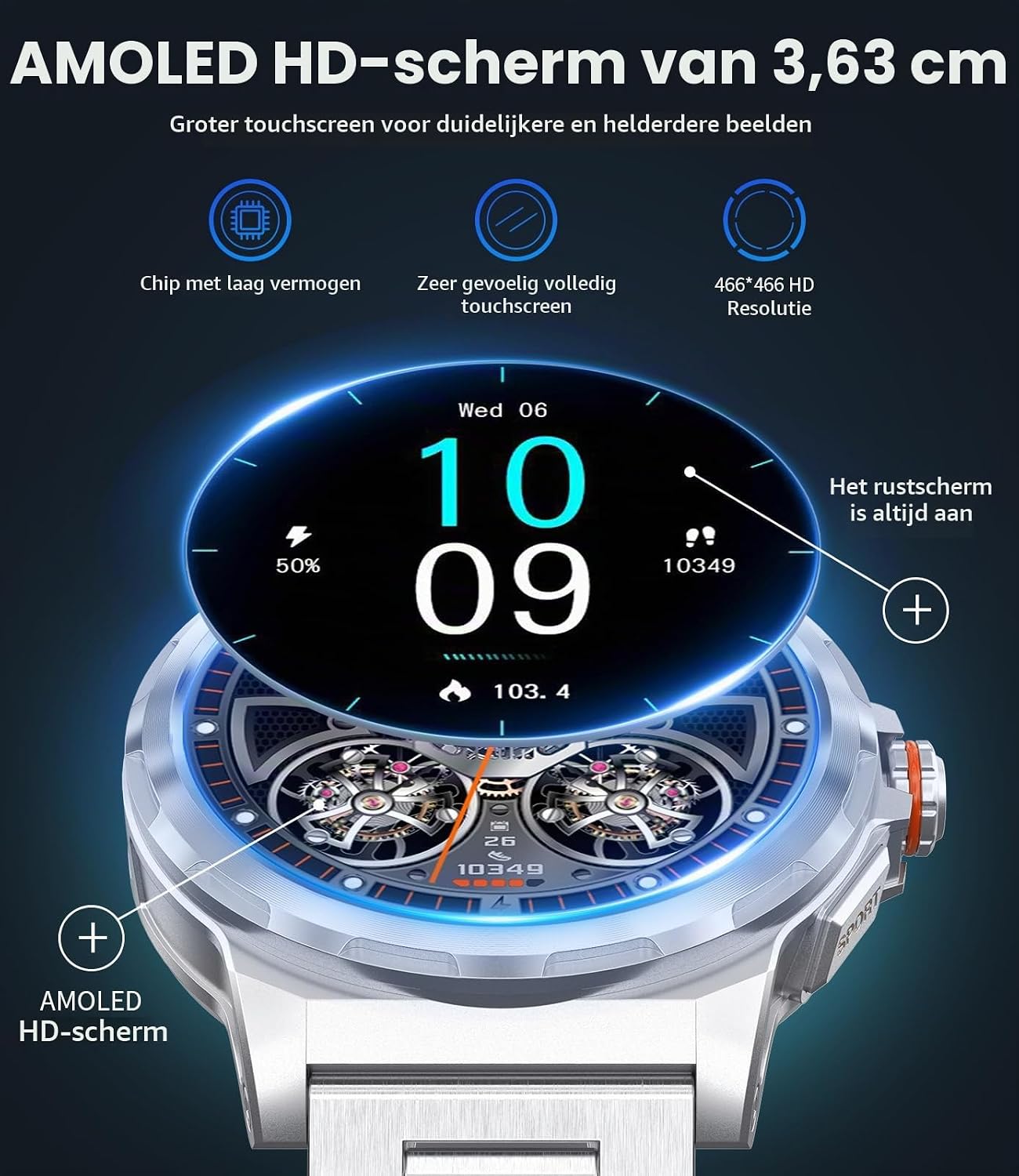 Detalle 2 de CHOOSETIME SML6-S smartwatch met 1,43-inch AMOLED-scherm, bellen en sportmodi