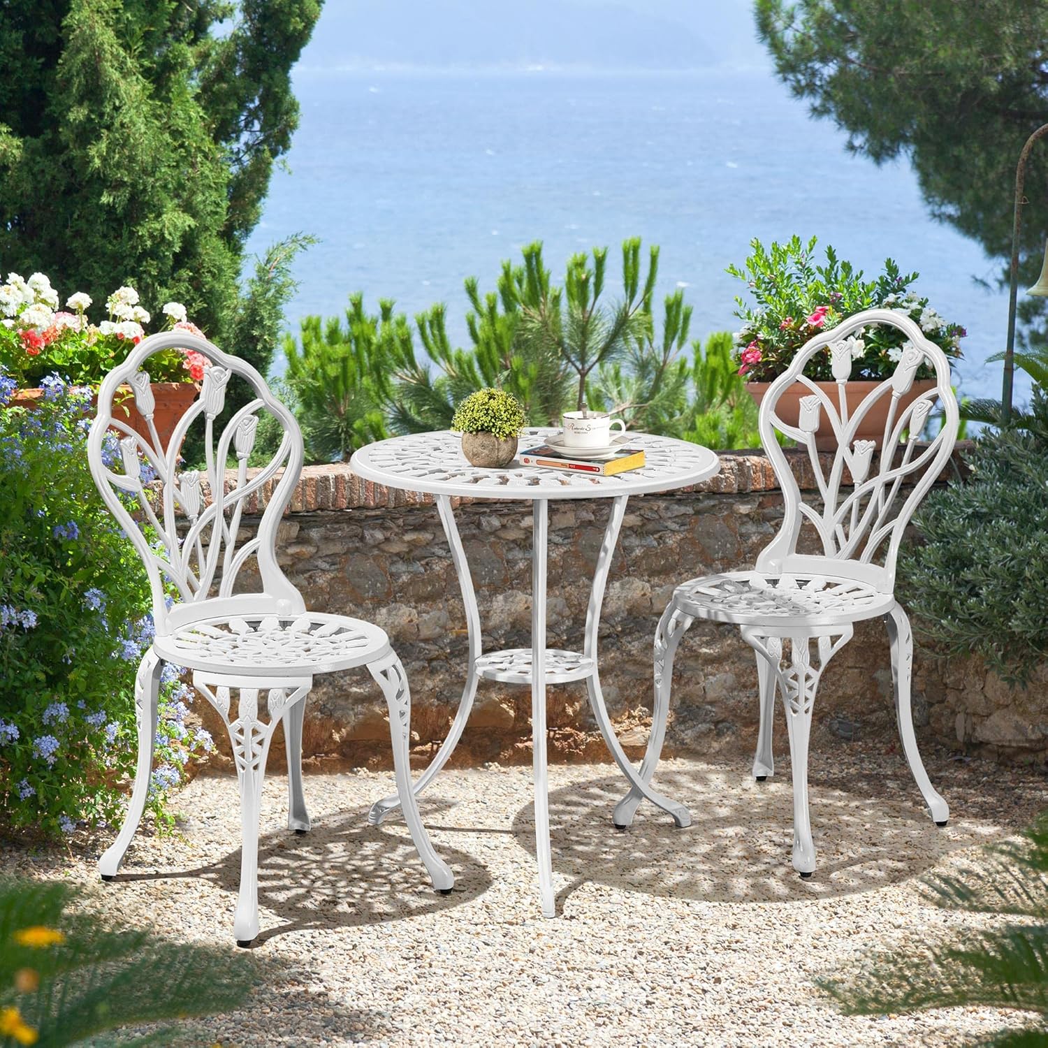 Thumbnail 4 de Yaheetech set bistrò da giardino con tavolo e 2 sedie in alluminio bianco, motivo a tulipano