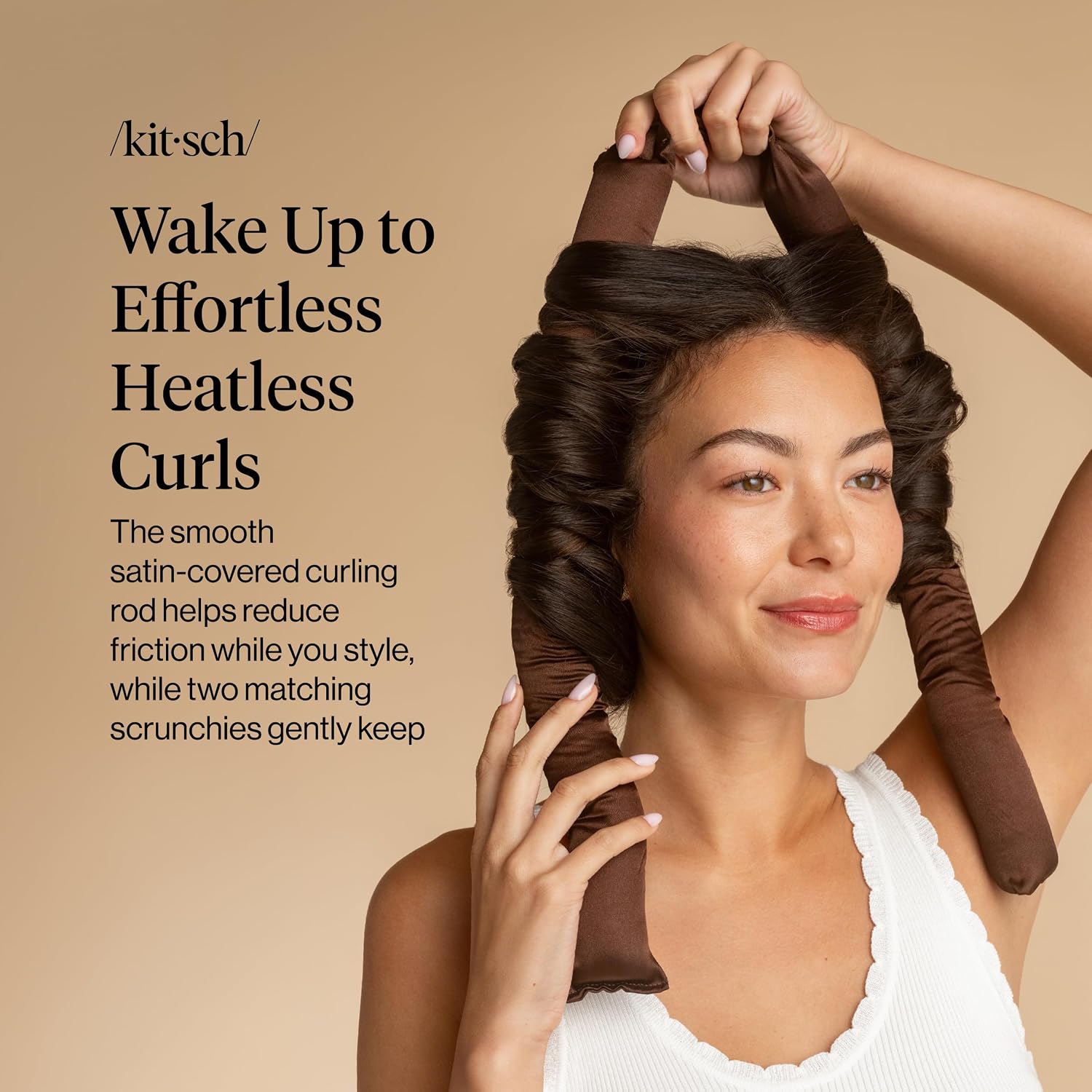Detalle 2 de Kitsch chocolat Heatless Curler Set, Chocolate Satin Rod with Two Scrunchies