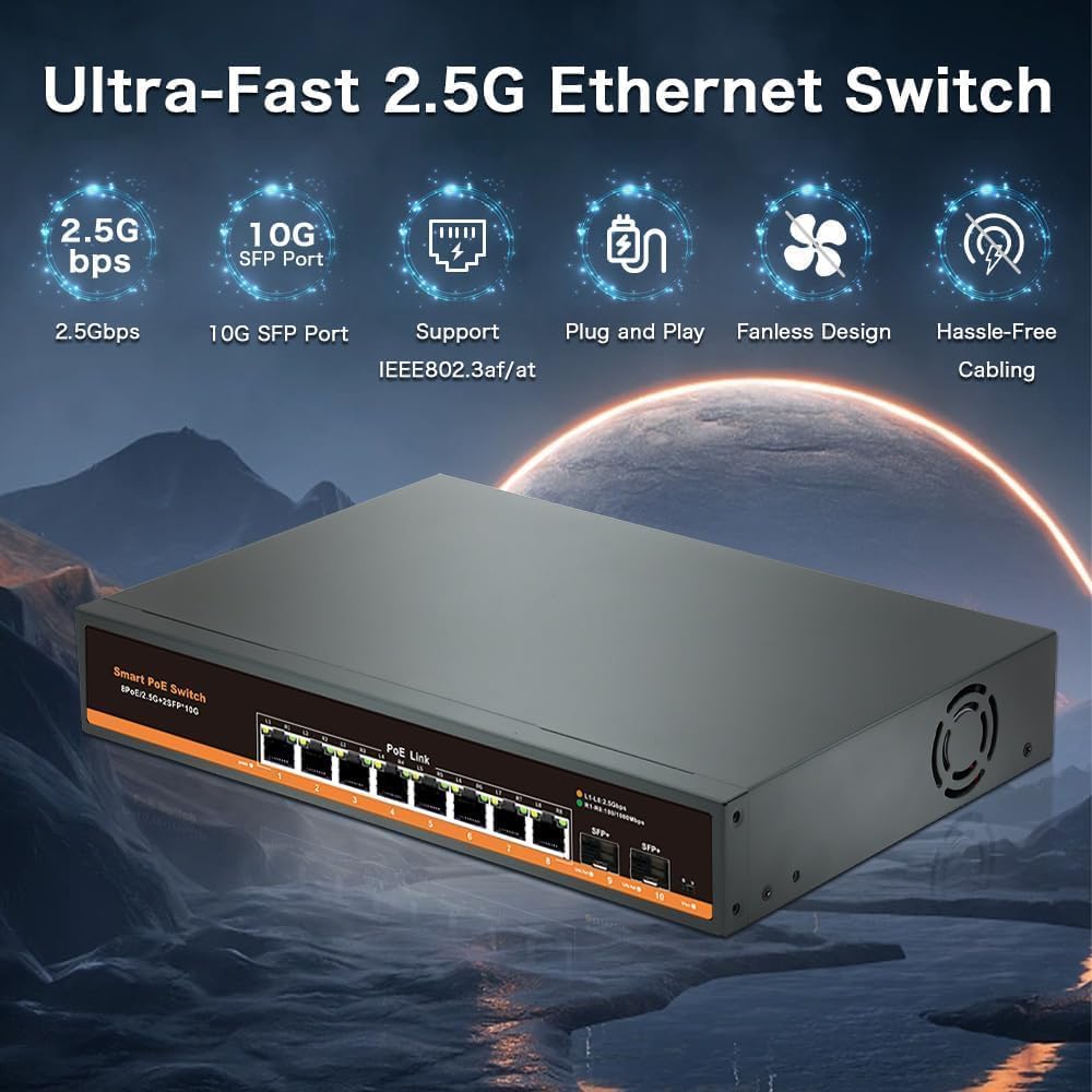 Detalle de Commutateur PoE Non géré 2,5 Gb/s 8 ports + 2 ports SFP+ 10 Gb/s, métal, sans ventilateur