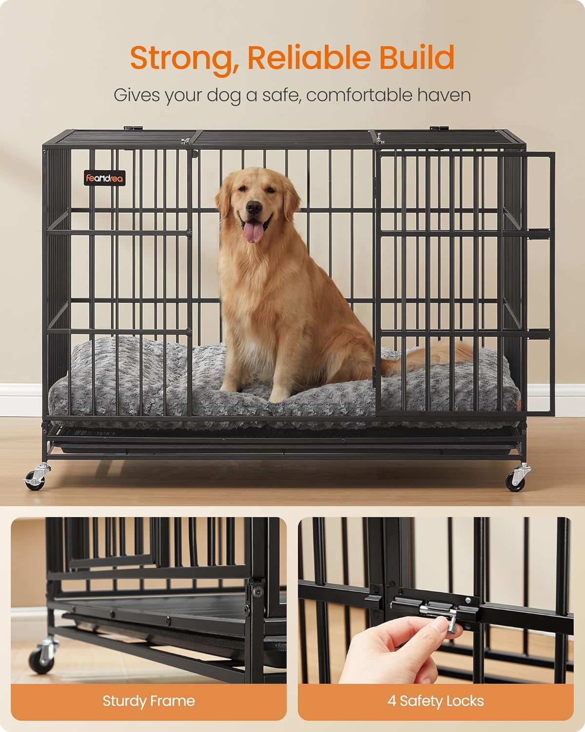 Detalle de Feandrea Heavy-Duty Dog Crate (PPD035BH01) – 5-minute quick assembly, foldable kennel with lockable wheels