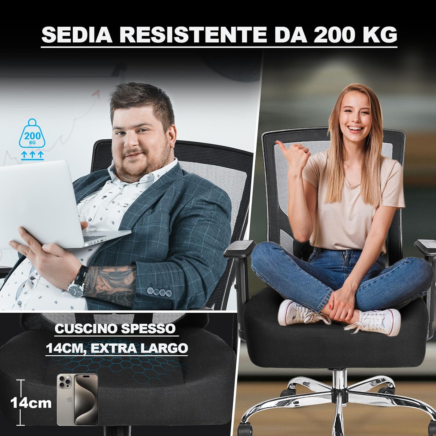 Detalle de MELOKEA XXL: Sedia da Ufficio Ergonomica Big & Tall con Seduta Ultra-Spessa 14 cm e Portata 200 kg