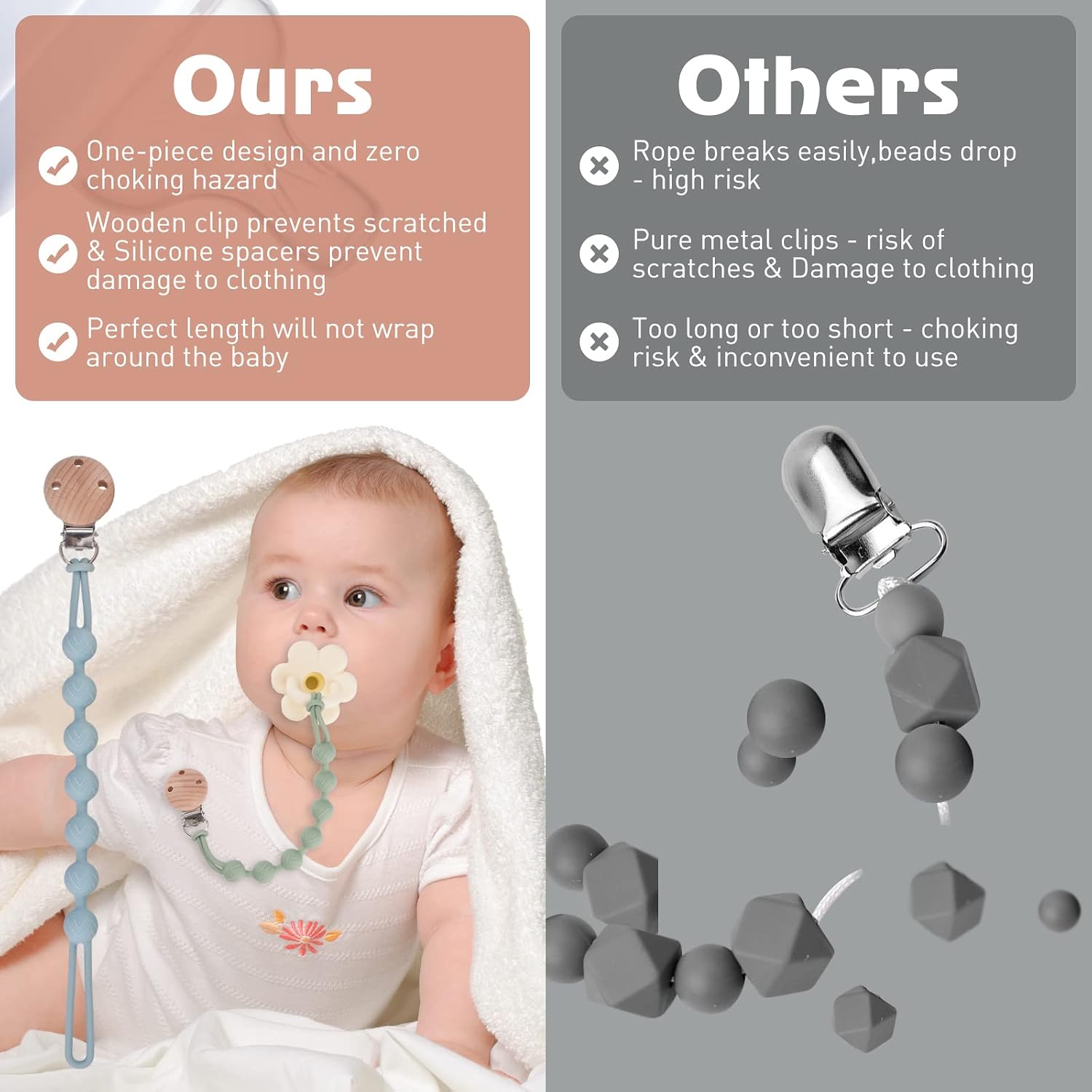 Thumbnail 2 de EYOGO Silicone Dummy Clip for Baby – One-Piece Pacifier Clip (2 Pack: Sage + Ether)