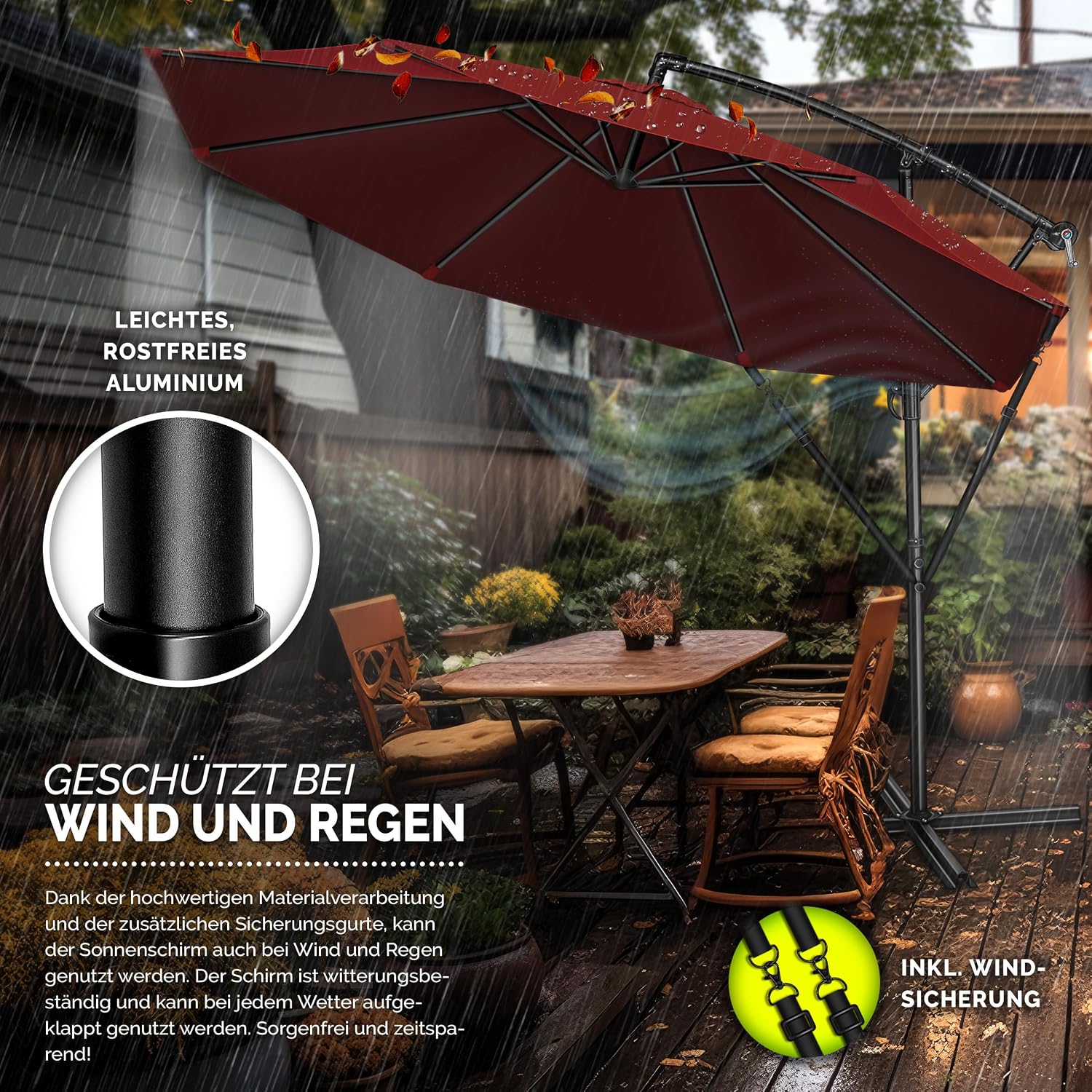 Detalle 2 de tillvex Alu Sonnenschirm mit Abdeckung Ø 300 cm, Kurbel, 360° drehbar und Windschutz