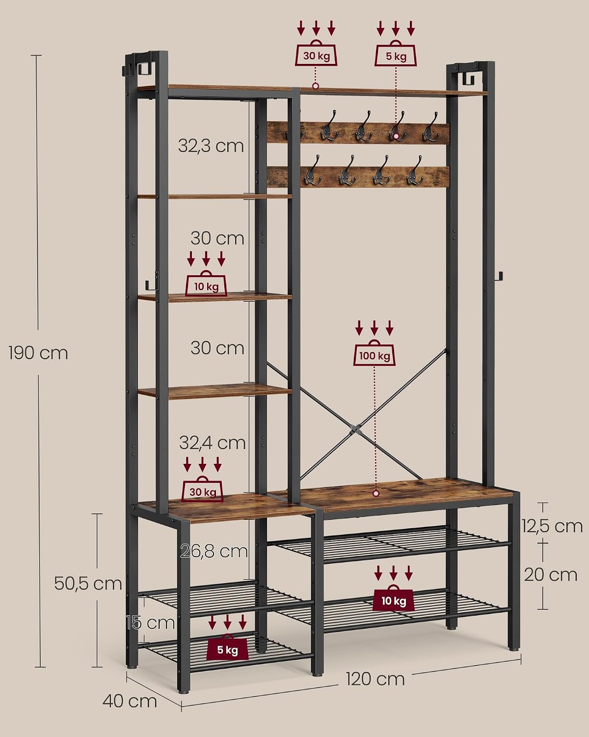 Detalle 1 de VASAGLE DACEY HSR426B01 kapstok met schoenenbank, 7 planken, 40 x 120 x 190 cm