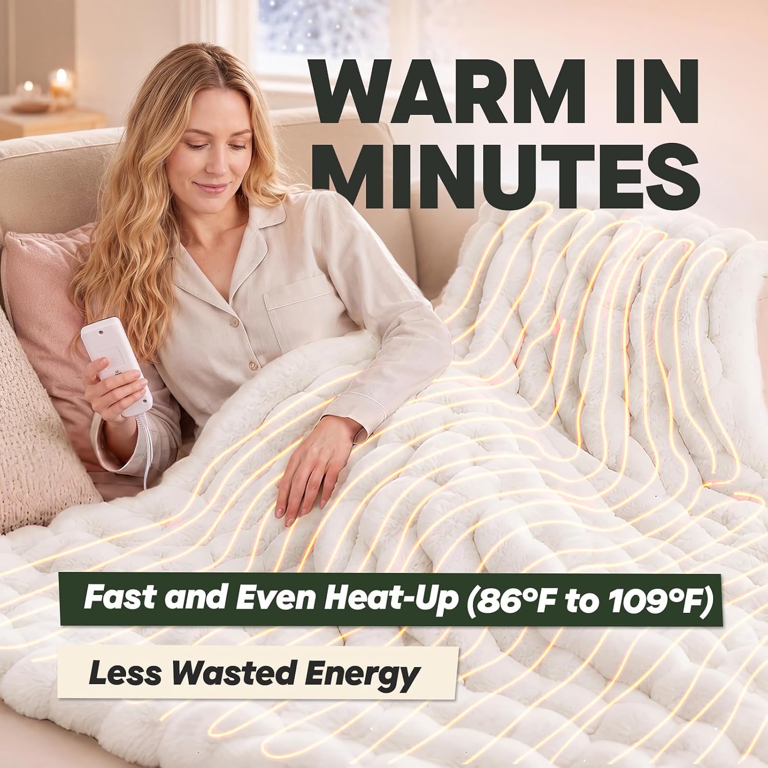 Detalle 2 de Warmrest WR-POPRA50-WHITE Heated Throw Blanket, 9 Heat Settings, White Faux Fur