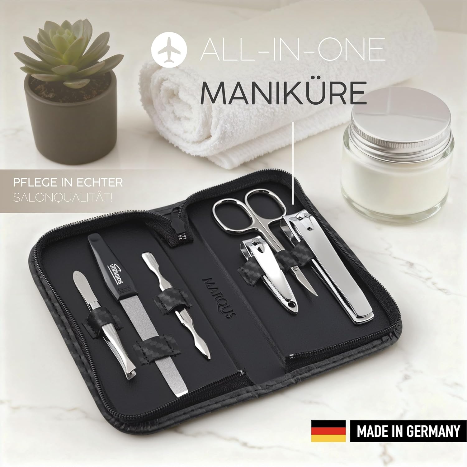 Detalle de Maniküre-Set von Solingen (6-teilig) im Kunst-Leder-Etui – glanzvernickelter, polierter Stahl