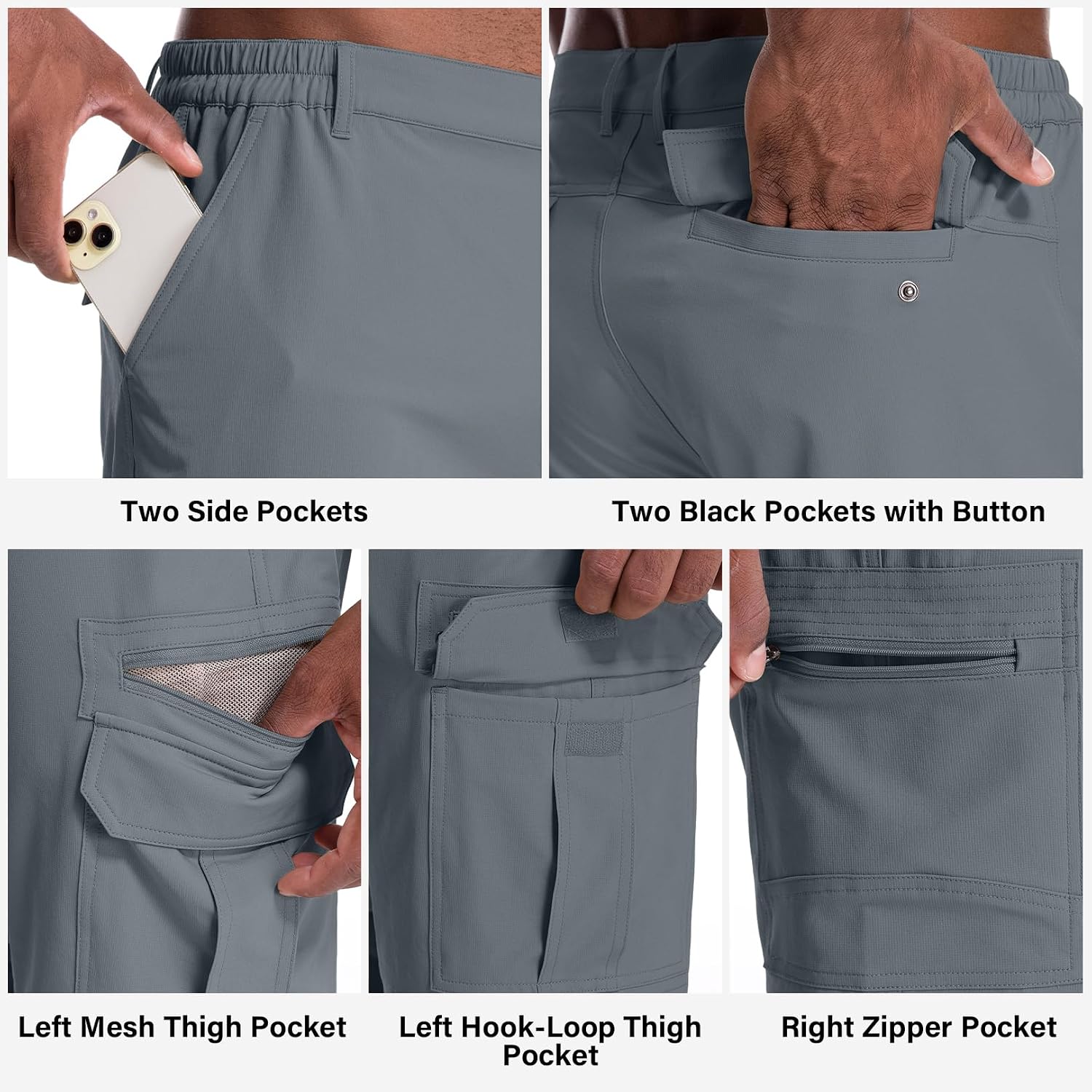 Detalle de Jessie Kidden Men's Outdoor Casual Expandable Waist Lightweight Water-Resistant Quick Dry Cargo Shorts