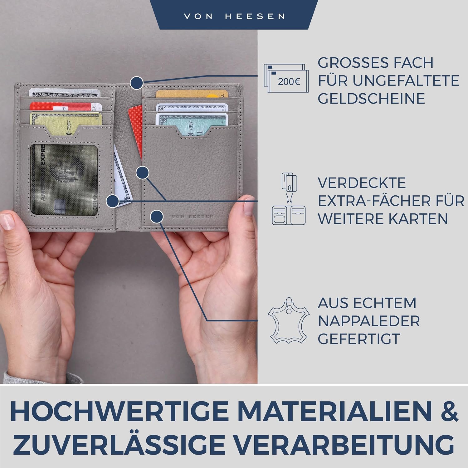 Detalle de VON HEESEN Herren-Leder-Geldbörse mit Münzfach und RFID-Schutz (Grau)