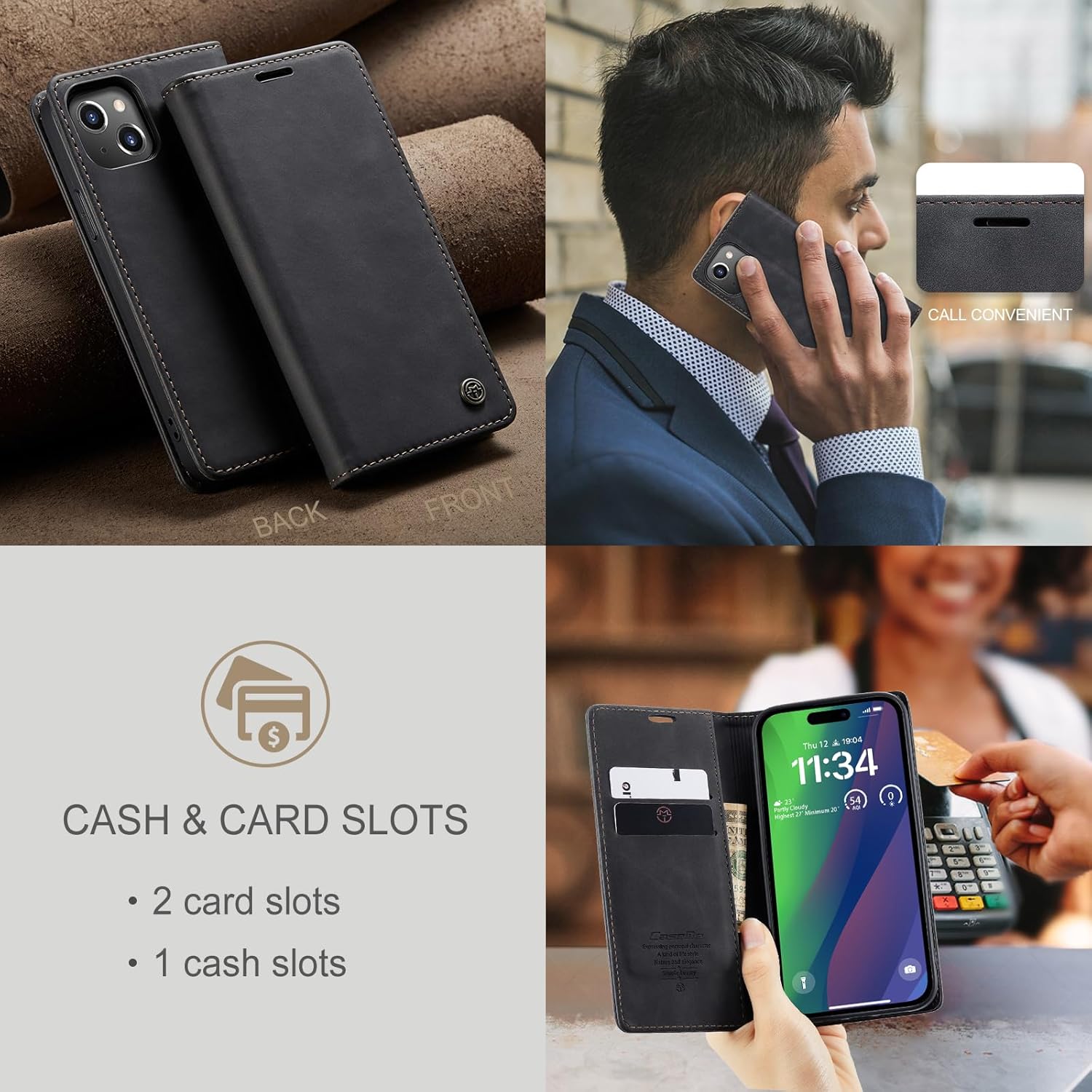 Thumbnail 3 de Lanranwa Klapphülle aus Premium-PU-Leder für iPhone 15 – Schwarz, Standfunktion