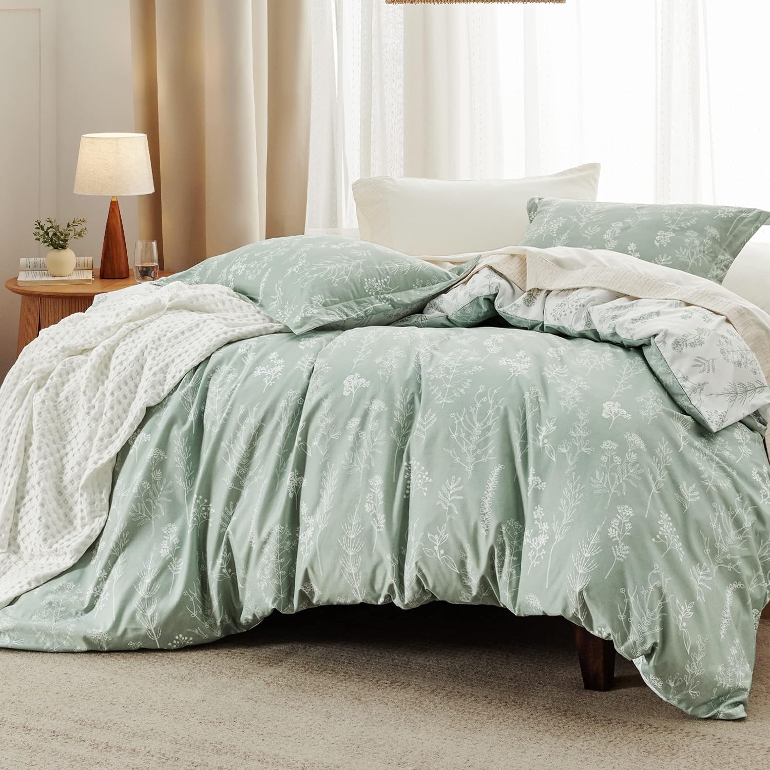 Thumbnail 1 de Bedsure Floral Comforter Set, King Reversible Sage Green with Down-Alternative Fill