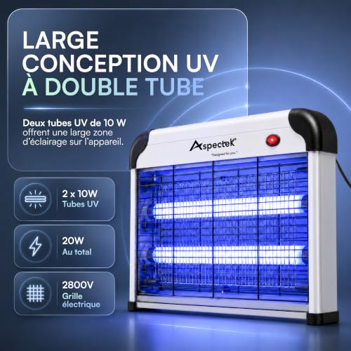 Detalle de Aspectek Tue-Insectes Électrique 20W sans Ampoules – Lampe UV Anti-Moustiques pour Intérieur et Extérieur (Couvert) avec Bac Amovible
