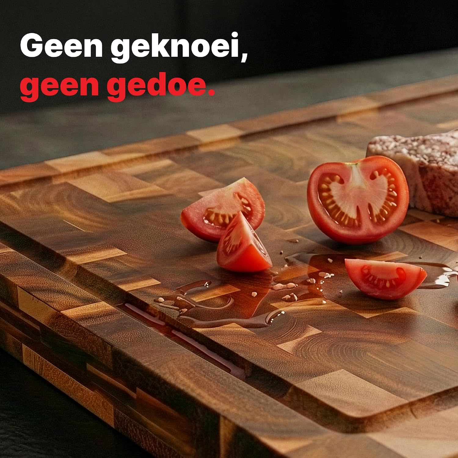 Detalle 2 de Matakumi snijplank van acaciahout met kopshout, sapgroef en zijgrepen