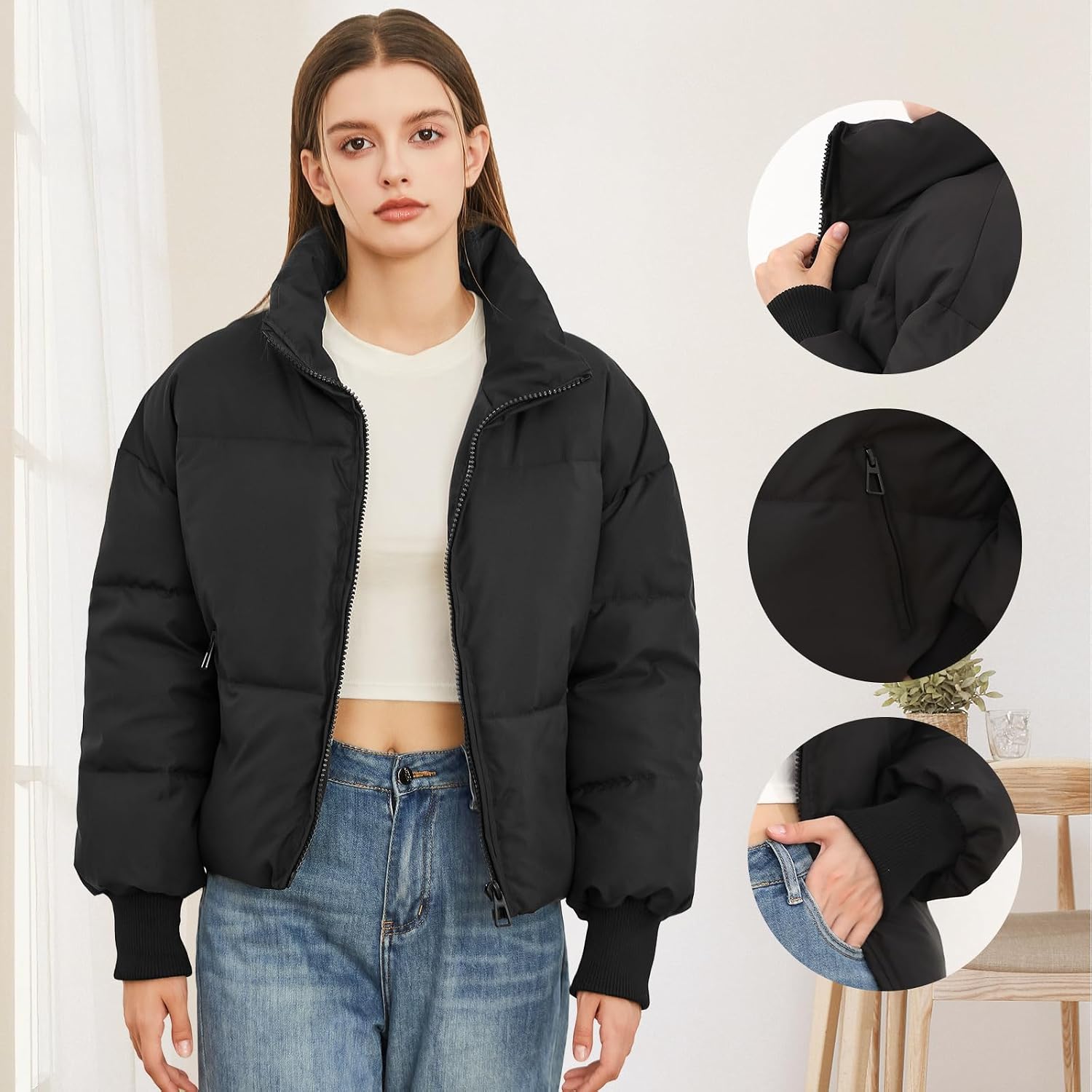 Detalle 2 de Cropped Women's Winter Puffer Jacket — Quilted Outerwear