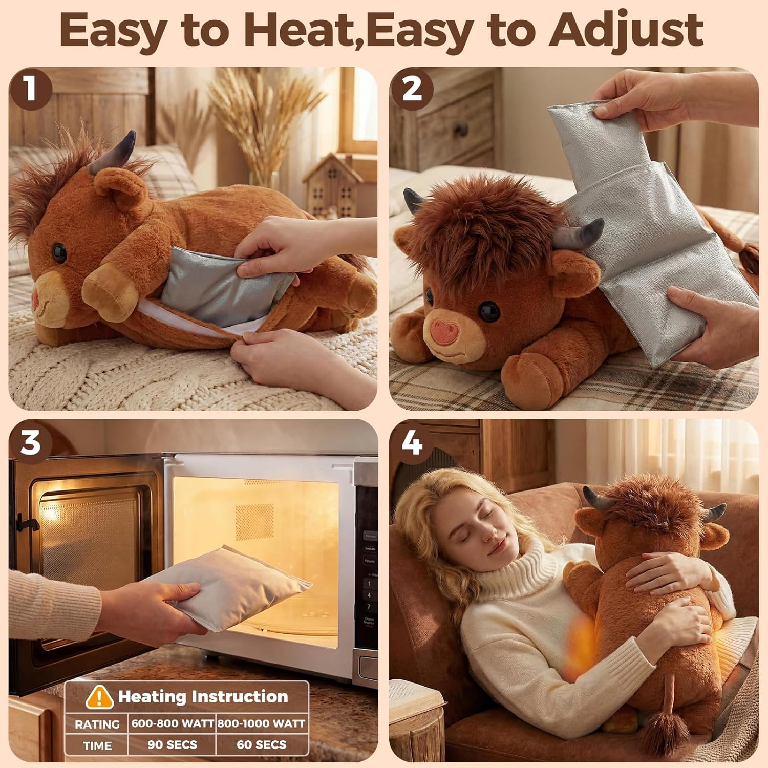 Detalle 2 de Mewaii Highland Cow Weighted Stuffed Animal with Microwavable Heating Pad (Amber Brown, 23 Inch)