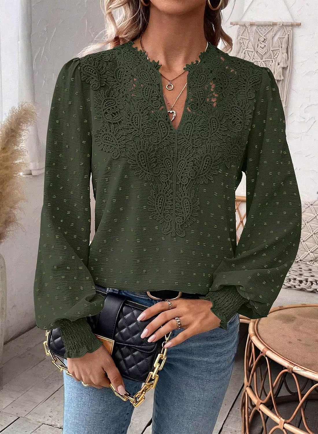 Detalle 2 de Falechay Swiss Dot Boho Long Sleeve V-Neck Chiffon Blouse