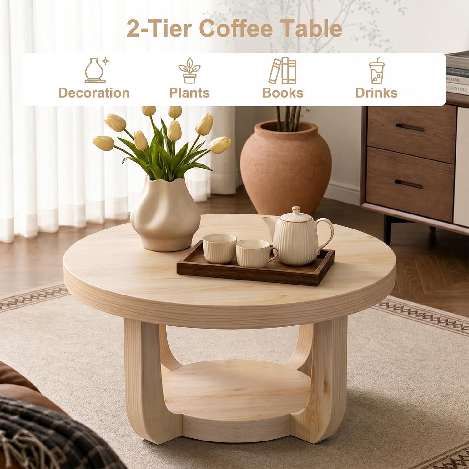Detalle de BEROXII Round Coffee Table, 2-Tier Storage, Nature Finish