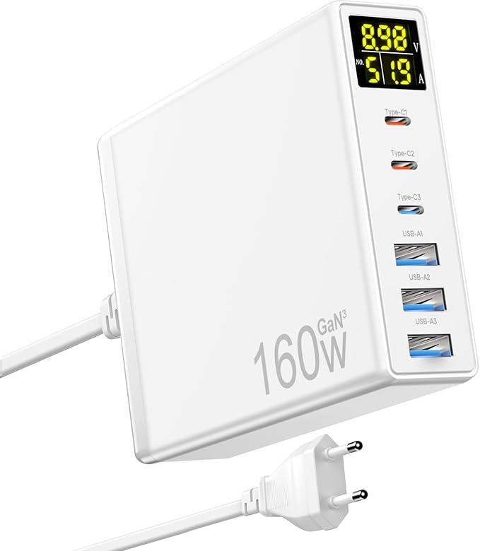 Detalle de Cargador GaN 160W 6 puertos USB-C/A LED ⚡