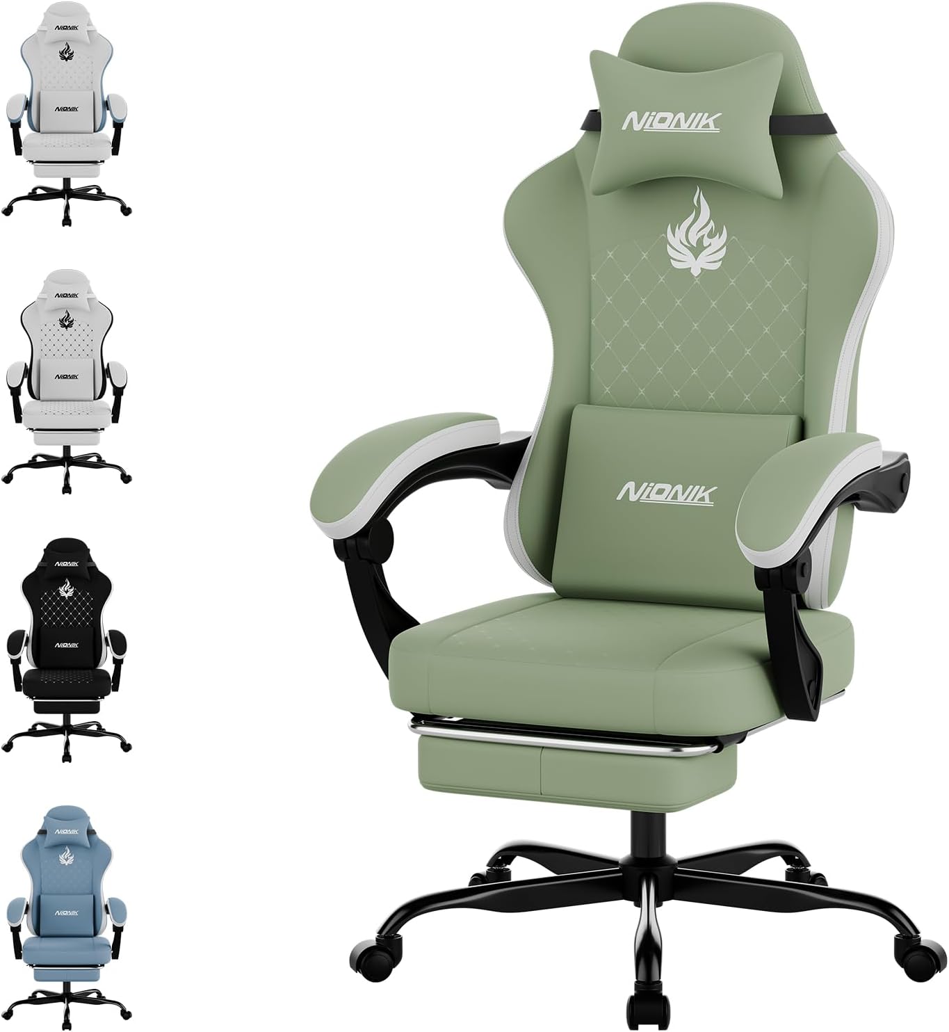 Thumbnail 6 de NIONIK Gaming Stuhl mit Fußstütze, verstellbarer Lordosenstütze und 3D-Armlehnen – höhenverstellbar für Homeoffice & E-Sports