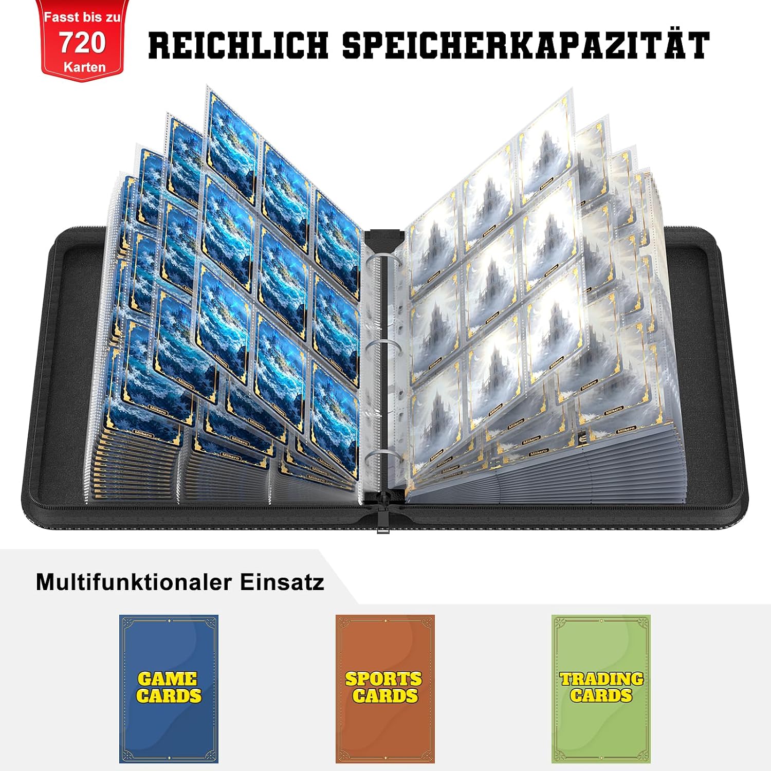 Detalle de Mlikero Sammelalbum für bis zu 720 Sammelkarten (9 Taschen) – 3-Ring-Ordner für MTG & Fußballkarten