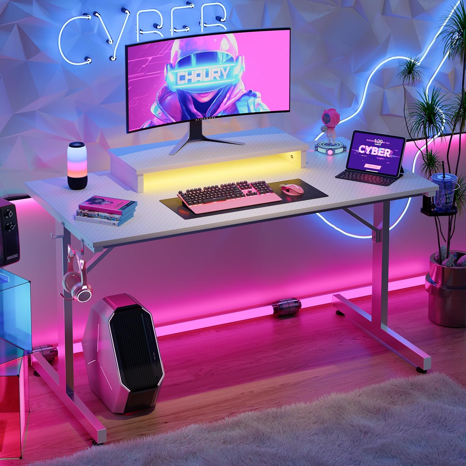 Thumbnail 1 de Bestier Small Gaming Desk with Monitor Stand (106.6 cm) – RGB, Cup Holder & Headset Hooks
