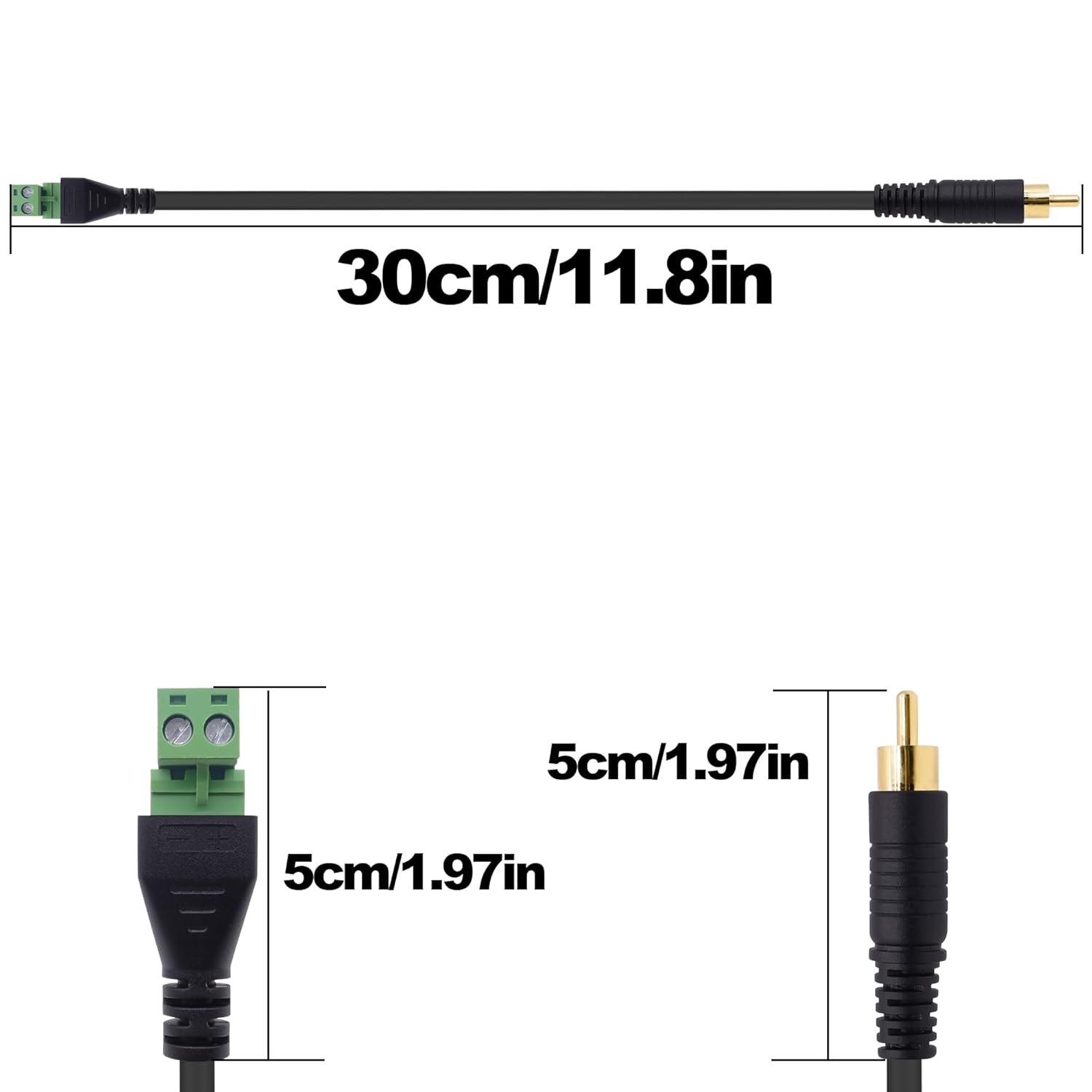 Detalle de YARCHONN RCA Screw Terminal Block Solderless Connector Cable – RCA Male to 2-Pin AV Adapter (30cm, 2 Pack)