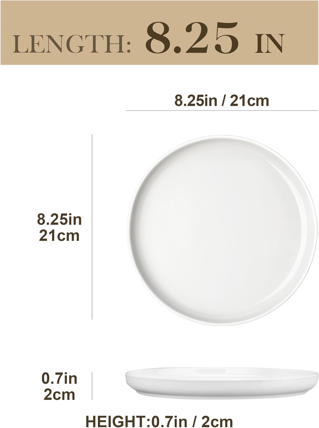 Detalle de MALACASA LUNA Dessertteller-Set für 6 Personen, Ø 21 cm – Weißes Porzellan, erhöhter Rand
