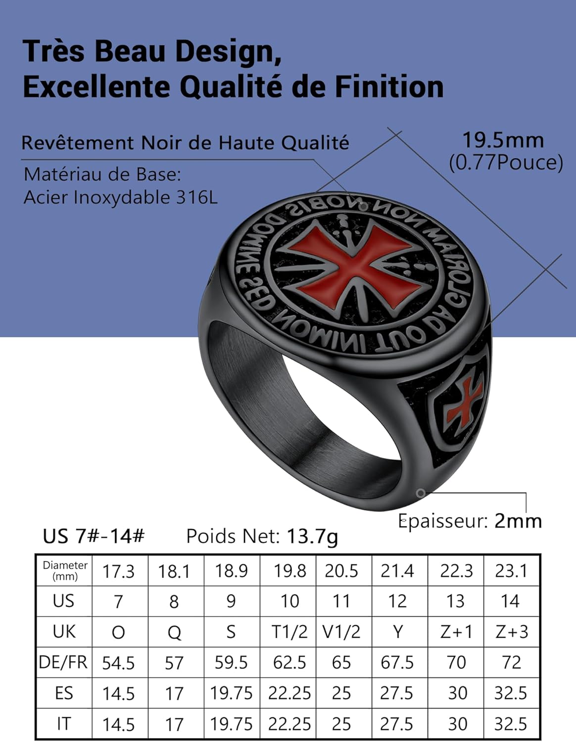 Thumbnail 3 de PROSTEEL Chevalière Templier pour homme en acier inoxydable 316L, croix templière noir/plaqué or – tailles 54 à 72