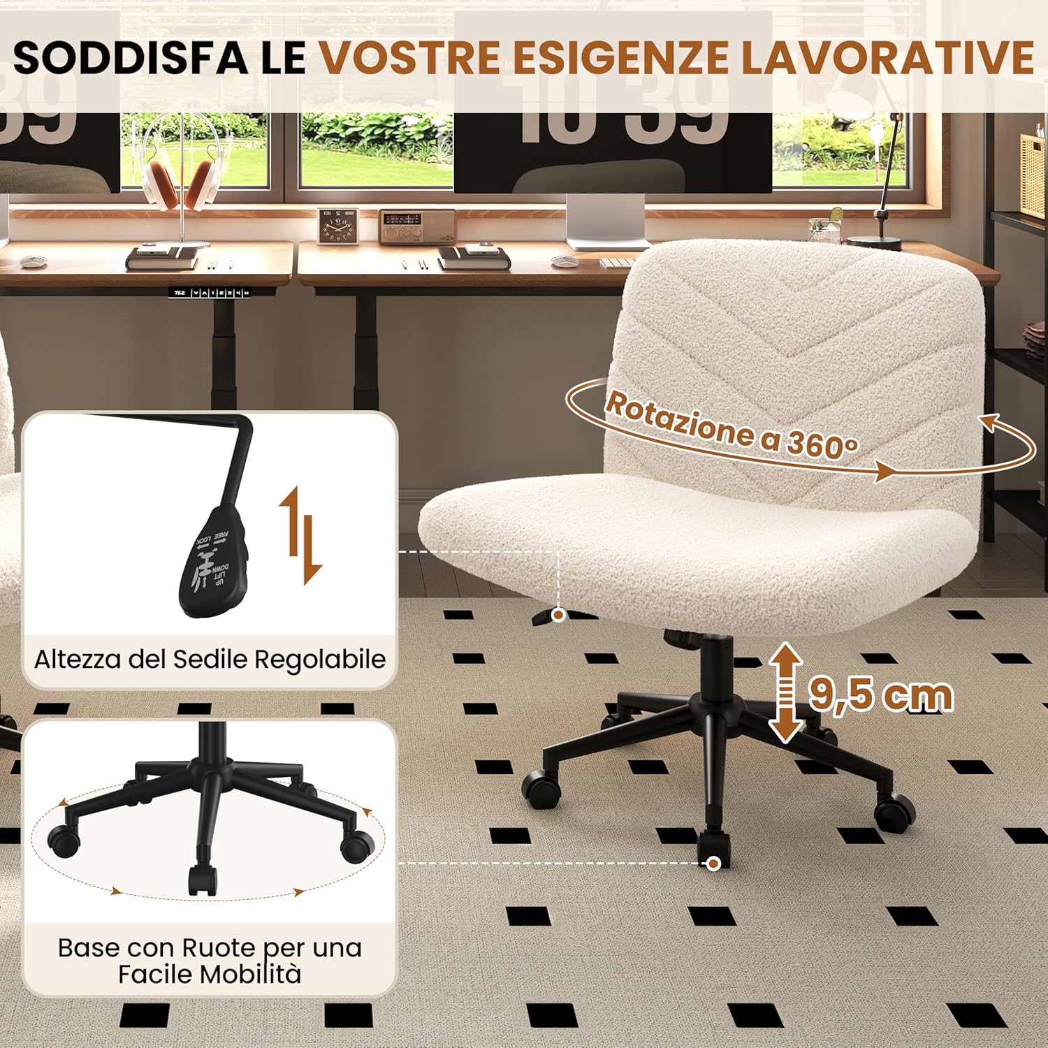 Detalle de Yaheetech Sedia Ufficio Girevole Senza Braccioli in Tessuto Bouclé Avorio, seduta ampia e schienale reclinabile con ruote