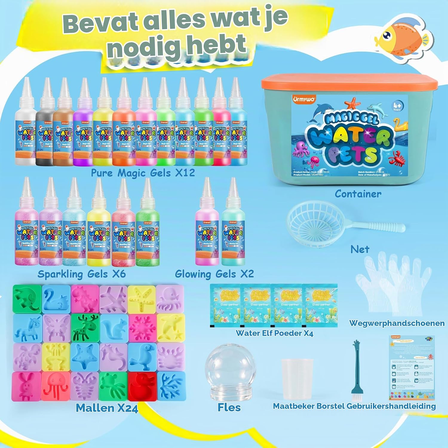 Detalle de URMYWO UR-SMF01AD-EU magische watergelset met 20 kleuren en 24 vormen