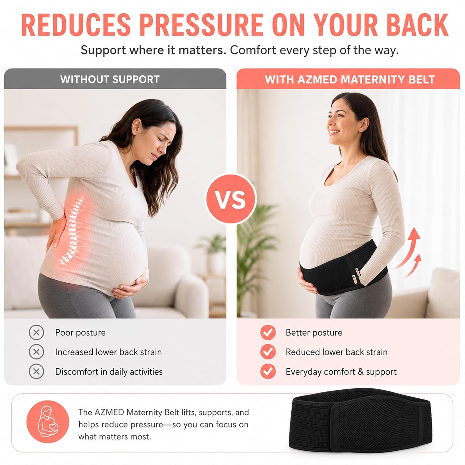 Detalle de AZMED AZM-BLACK-MTERNITY-BELT Maternity Belt, Adjustable 35–46-Inch Support