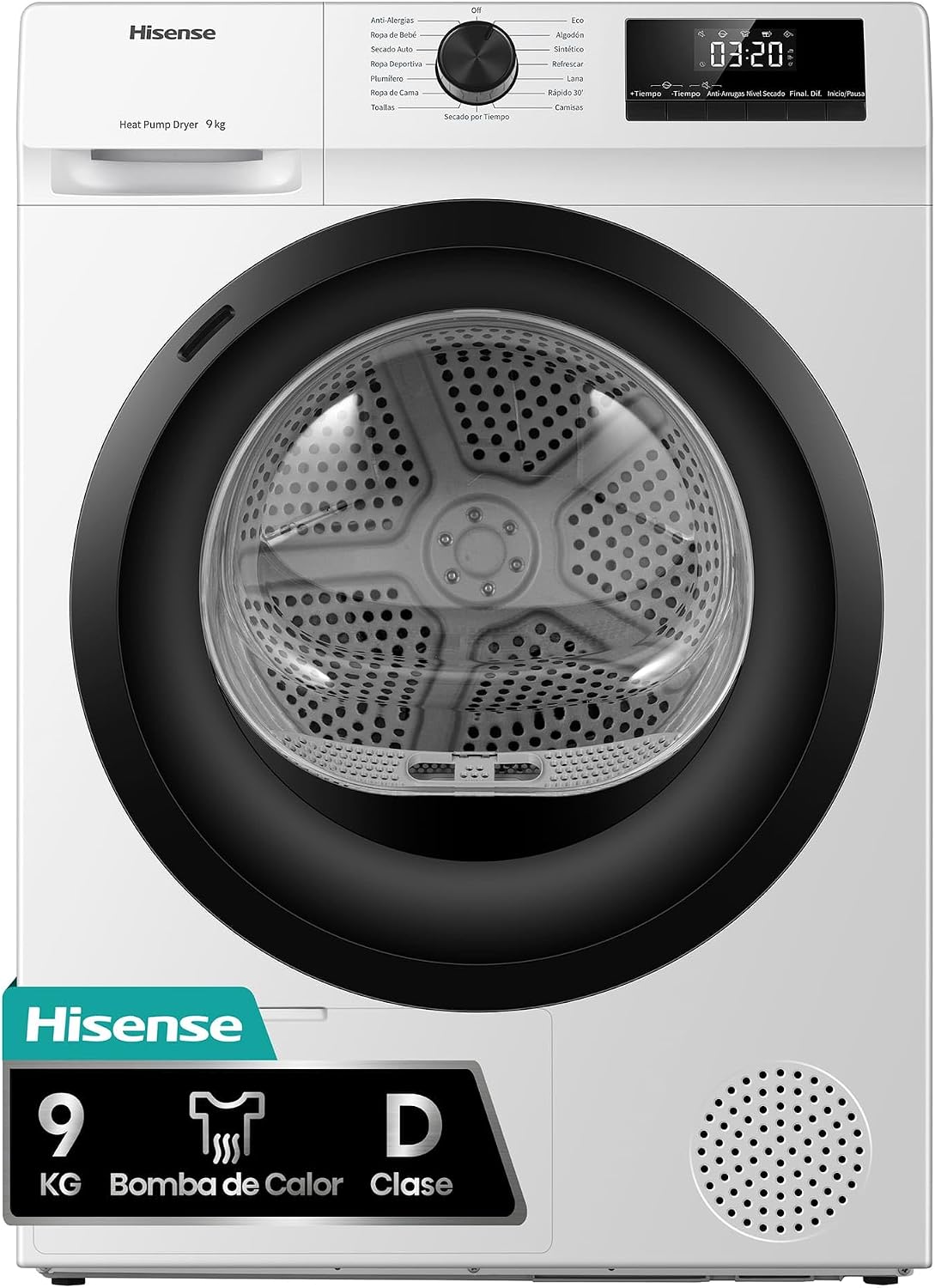 Detalle de Hisense DHQE900UWDC: Secadora bomba de calor de 9 kg con secado rápido y finalización diferida