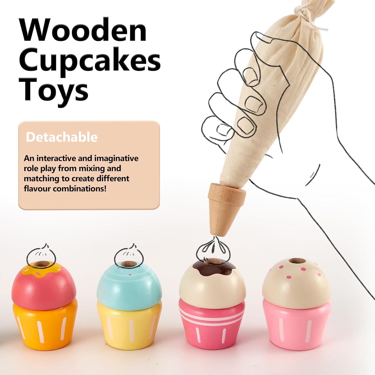 Thumbnail 1 de HERSITY Cupcake Holzspielzeug-Set für die Kinderküche – Torten, Dekorationen und Backutensilien